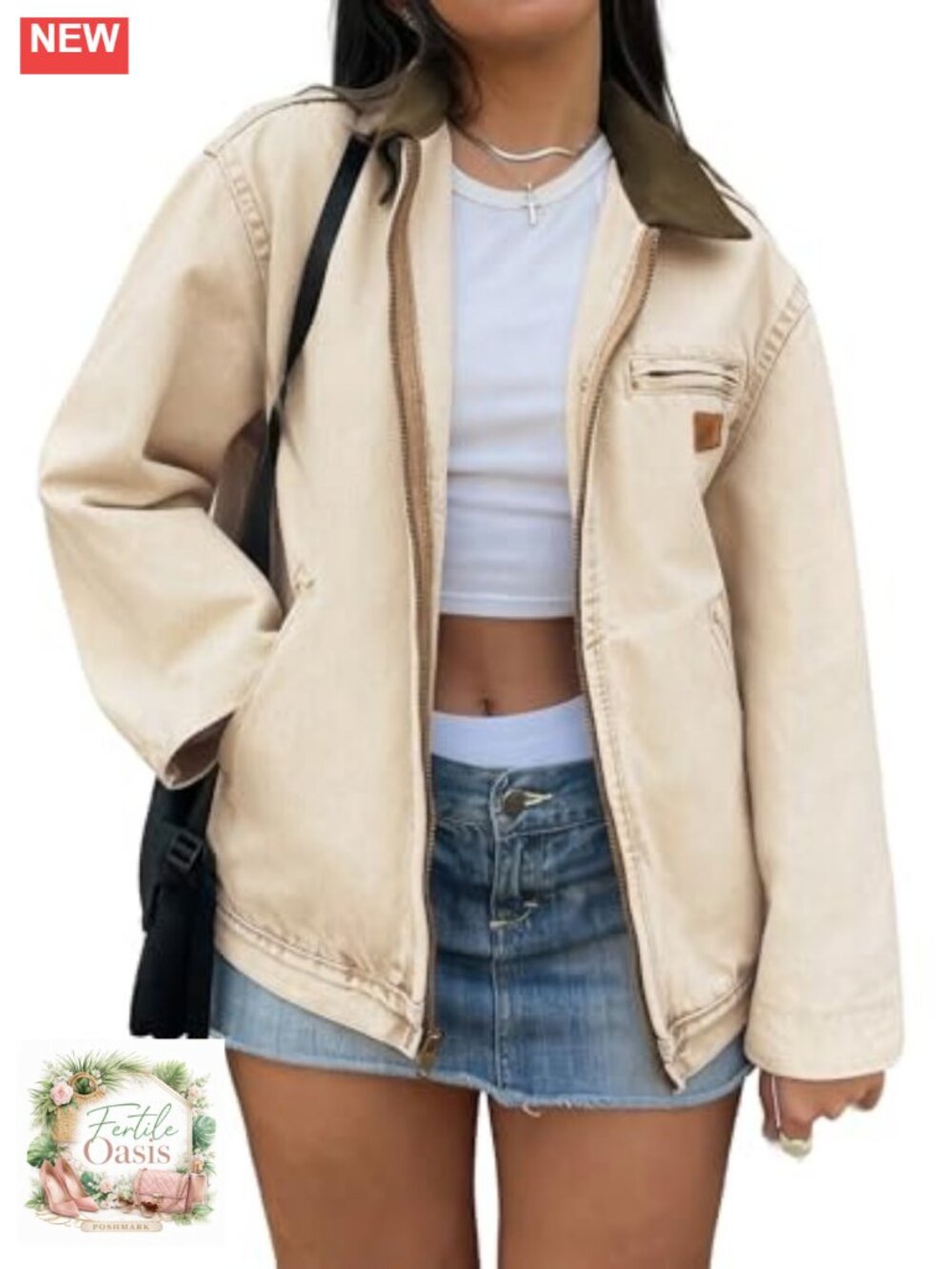 Women's Cropped Barn Denim Jacket Zip Up Cotton Jean Jacket